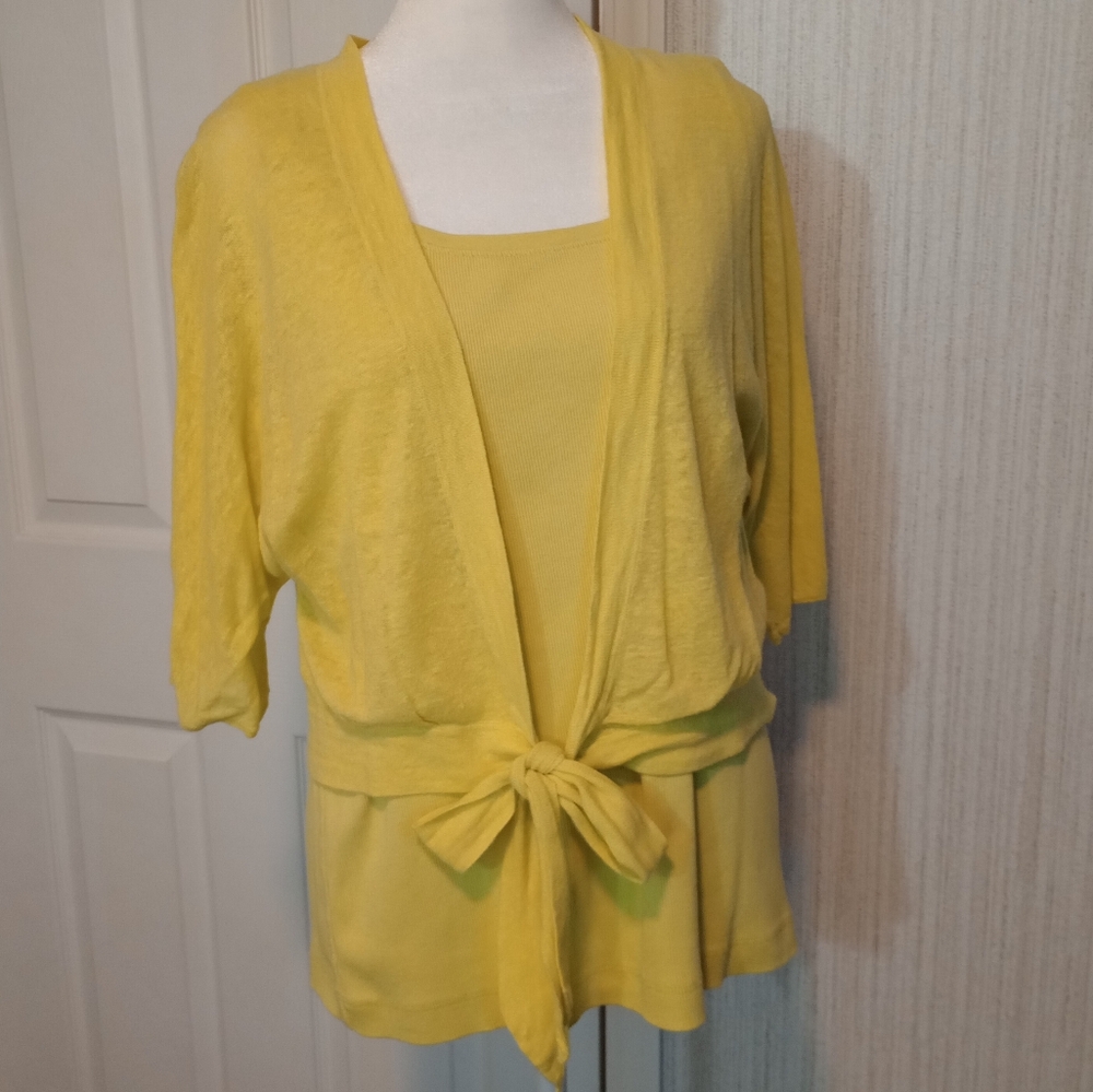 Chico's Women's Size 2 (L) Tank & Cardigan Set Yellow Green Tie Semi-Sheer EUC